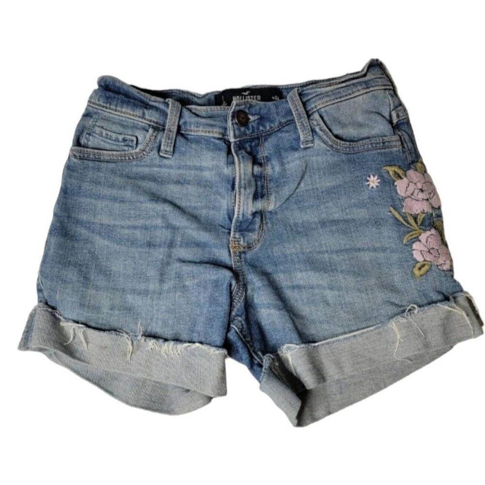 HOLLISTER High-Rise Midi Shorts Cuffed Jean Shorts w/Embroidery Floral Sz 0/24